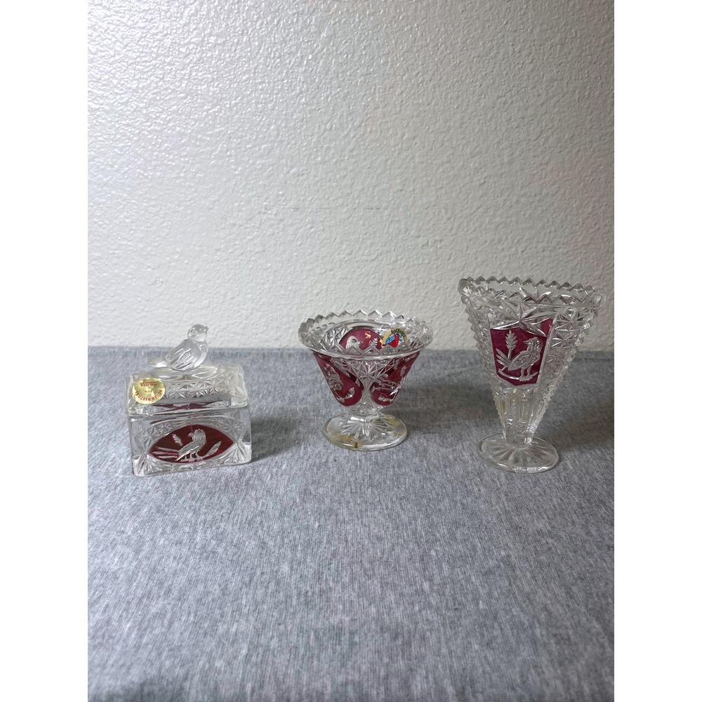 Bleikristall German Crystal Bird Set Trinket Box Vase Bowl Red Clear 3pc